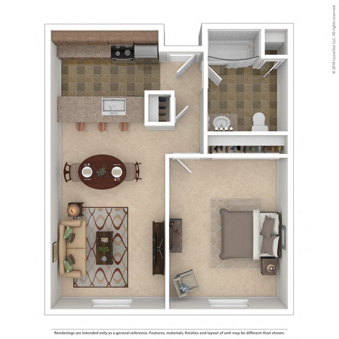 Floor plan for 1 bed, 1 bath, 710 sqft